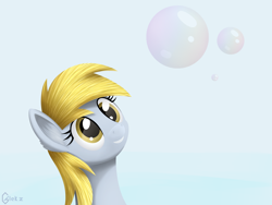 Size: 4000x3000 | Tagged: safe, artist:galekz, derpy hooves, pegasus, pony, bubble, female, happy, mare, simple background, solo