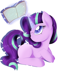 Size: 1000x1200 | Tagged: safe, artist:supera14ever, starlight glimmer, pony, unicorn, book, cute, glimmerbetes, glowing horn, missing cutie mark, one eye closed, sitting, solo, starlight glimmer day, wink