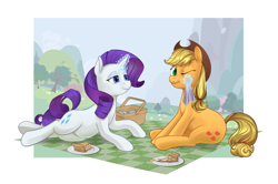 Size: 1044x693 | Tagged: safe, artist:lemondevil, applejack, rarity, earth pony, pony, unicorn, cute, female, handkerchief, lesbian, magic, messy, picnic, pie, rarijack, scrunchy face, shipping