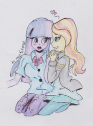 Size: 965x1294 | Tagged: safe, artist:marta4708, sunset shimmer, twilight sparkle, equestria girls, clothes, female, heart, lesbian, shipping, sunsetsparkle, traditional art