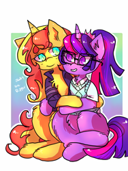 Size: 768x1024 | Tagged: safe, artist:jackytheripperart, sci-twi, sunset shimmer, twilight sparkle, pony, art trade, equestria girls ponified, female, hug, lesbian, ponified, pregnant, scitwishimmer, shipping, sunsetsparkle