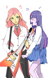 Size: 900x1440 | Tagged: safe, artist:extraluna, sunset shimmer, twilight sparkle, equestria girls, alternate costumes, blushing, clothes, electric guitar, female, flying v, guitar, lesbian, looking at each other, microphone, school uniform, shipping, singing, sunsetsparkle, tailcoat