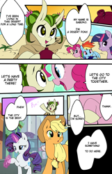 Size: 772x1200 | Tagged: safe, artist:potetecyu_to, derpibooru import, applejack, fluttershy, pinkie pie, rainbow dash, rarity, twilight sparkle, oc, oc:saboco, earth pony, pegasus, pony, unicorn, cactus, cactus pony, canteen, cloak, clothes, comic, cute, desert, engrish, female, japanese, mare, nail file