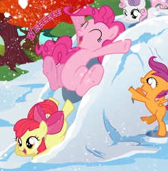 Size: 2723x2762 | Tagged: safe, artist:light262, artist:lummh, apple bloom, pinkie pie, scootaloo, sweetie belle, earth pony, pegasus, pony, unicorn, comic:timey wimey, adorabloom, comic, cropped, cute, cutealoo, cutie mark crusaders, diapinkes, diasweetes, happy, sliding, snow, snowfall, text, underhoof
