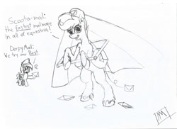 Size: 1048x762 | Tagged: safe, artist:mysterimaan, derpy hooves, scootaloo, pegasus, pony, female, hang gliding, mailpony, mare, monochrome