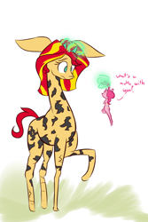 Size: 600x900 | Tagged: safe, artist:heir-of-rick, pinkie pie, sunset shimmer, giraffe, dialogue, giraffied, impossibly large ears, magic, meerkat, raised hoof, simple background, species swap, telekinesis, the lion king, white background