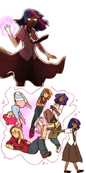 Size: 500x1000 | Tagged: safe, artist:mimimonlon, derpibooru import, applejack, fluttershy, pinkie pie, rainbow dash, rarity, twilight sparkle, human, apron, clothes, dark skin, diversity, gloves, glowing eyes, humanized, levitation, long skirt, magic, mane six, necktie, simple background, skirt, tanktop, white background