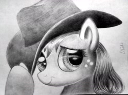 Size: 2102x1552 | Tagged: safe, artist:dragonkasser, applejack, earth pony, pony, bust, monochrome, portrait, solo, traditional art