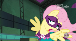 Size: 851x468 | Tagged: safe, fluttershy, saddle rager, pegasus, pony, power ponies (episode), hub logo, power ponies, solo