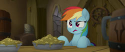 Size: 1920x804 | Tagged: safe, derpibooru import, screencap, rainbow dash, pegasus, pony, my little pony: the movie, bird seed, confused, disgusted, food, gruel, mug, pudding, seeds, solo