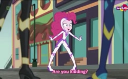 Size: 779x480 | Tagged: safe, screencap, fili-second, mane-iac, pinkie pie, radiance, rarity, sunset shimmer, equestria girls, movie magic, spoiler:eqg specials, clothes, costume, high heels, legs, power ponies, smiling, stormy with a side of pudding, subtitles, teletoon