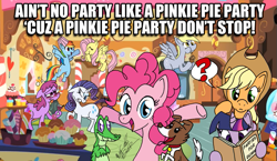 Size: 741x429 | Tagged: safe, artist:fractiouslemon, applejack, berry punch, berryshine, derpy hooves, fluttershy, gummy, pinkie pie, rainbow dash, rarity, twilight sparkle, winona, earth pony, pegasus, pony, unicorn, alcohol, book, caption, cupcake, drink, drunk, female, for dummies, hat, lampshade, lampshade hat, mare, muffin, party, sugarcube corner, thought bubble