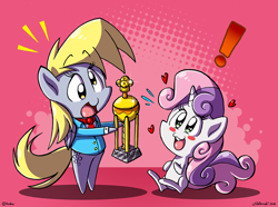 Size: 1280x950 | Tagged: safe, artist:tobibrocki, derpy hooves, sweetie belle, pegasus, pony, cute, derpabetes, diasweetes, female, mare, trophy