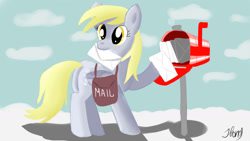 Size: 1280x720 | Tagged: safe, artist:jbond, derpy hooves, pegasus, pony, bag, cloud, cloudy, envelope, female, letter, looking back, mail, mailbag, mailbox, mailmare, mailpony, mare, mouth hold, plot, postmare, solo, underp, working