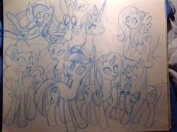 Size: 1023x764 | Tagged: safe, artist:mercurypony, derpibooru import, applejack, discord, fluttershy, pinkie pie, princess celestia, princess luna, rainbow dash, rarity, spike, twilight sparkle, alicorn, dragon, earth pony, pegasus, pony, unicorn, drawing, group, traditional art