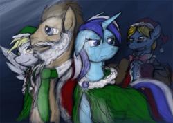 Size: 1007x720 | Tagged: safe, artist:redenaz, derpy hooves, doctor whooves, minuette, perfect pace, pegasus, pony, beard, clothes, female, floppy ears, hat, mare, ponified, santa costume, santa hat, the master