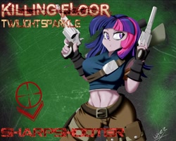 Size: 4500x3600 | Tagged: safe, artist:wazzart, derpibooru import, twilight sparkle, equestria girls, belly button, belt, breasts, crossover, female, gun, headlight sparkle, killing floor, midriff, pistol, pony coloring, solo