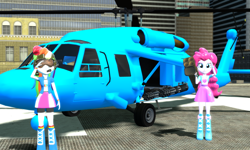 Size: 5120x3072 | Tagged: safe, artist:n3onh100, derpibooru import, pinkie pie, rainbow dash, equestria girls, 3d, boots, bracelet, building, clothes, compression shorts, gmod, grand theft auto, helicopter, high heel boots, jewelry, salute, shirt, shoes, skirt, weapon, western company annihilator, wristband