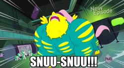 Size: 846x464 | Tagged: safe, fluttershy, saddle rager, pegasus, pony, power ponies (episode), amazon, caption, flutterhulk, futurama, image macro, implied sex, power ponies, snu-snu