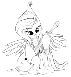 Size: 816x885 | Tagged: safe, artist:xioade, fluttershy, pegasus, pony, black and white, clothes, dombra, female, grayscale, hat, islam, islamashy el fatih, kazakh, kazakhstan, lute, mare, monochrome, simple background, solo, turkic, white background