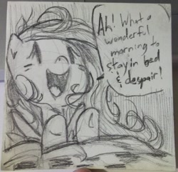 Size: 518x500 | Tagged: dead source, safe, artist:tess, fluttershy, pegasus, pony, bed, despair, dialogue, monochrome, morning ponies, photo, sketch, solo, traditional art