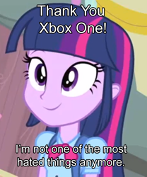 Size: 614x738 | Tagged: safe, derpibooru import, edit, edited screencap, screencap, twilight sparkle, equestria girls, equestria girls (movie), cropped, meme, smiling, solo, twismile, xbox one