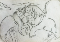 Size: 954x676 | Tagged: safe, artist:knucklesxjulie4ever, big macintosh, fluttershy, earth pony, pegasus, pony, fluttermac, kissing, male, monochrome, shipping, sketch, stallion, straight, wings