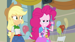 Size: 1920x1080 | Tagged: safe, screencap, applejack, pinkie pie, equestria girls, apple cider, balloon, bracelet, cider, clothes, frown, jewelry, skirt