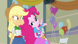 Size: 1920x1080 | Tagged: safe, screencap, applejack, pinkie pie, equestria girls, apple cider, balloon, bracelet, cider, clothes, jewelry, skirt