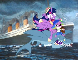 Size: 998x772 | Tagged: safe, artist:zutheskunk edits, derpibooru import, edit, spike, twilight sparkle, twilight sparkle (alicorn), alicorn, dog, shark, equestria girls, alicorn drama, dog drama, equestria girls drama, jump the shark, rapping dog, spike the dog, titanic, titanic the legend goes on