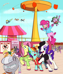 Size: 2400x2804 | Tagged: safe, artist:skunkstripe, amethyst star, applejack, chirpy hooves, derpy hooves, dinky hooves, fluttershy, lightning dust, pinkie pie, rainbow dash, rarity, silver spoon, sparkler, spike, twilight sparkle, oc, dragon, earth pony, pegasus, pony, unicorn, amusement park, clothes, collar, female, glasses, hat, mare, roller coaster