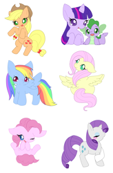 Size: 1713x2612 | Tagged: safe, artist:animal11991, derpibooru import, applejack, fluttershy, pinkie pie, rainbow dash, rarity, spike, twilight sparkle, dragon, earth pony, pegasus, pony, unicorn, chibi, mane seven, mane six, pixiv