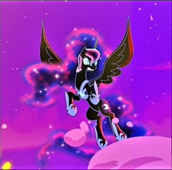 Size: 830x823 | Tagged: safe, artist:light262, artist:lummh, nightmare moon, alicorn, pony, comic:timey wimey, angry, clothes, comic, cropped, ethereal mane, female, flying, low res image, mare, missing accessory, needs more jpeg, peytral, shoes, solo, spread wings, starry mane, wings