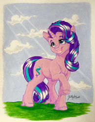 Size: 2980x3839 | Tagged: safe, artist:emberslament, artist:gaelledragons, starlight glimmer, pony, unicorn, collaboration, colored pupils, cute, ear fluff, female, glimmerbetes, happy, high res, looking up, mare, open mouth, photo, smiling, solo, traditional art, unshorn fetlocks