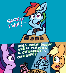 Size: 1186x1308 | Tagged: safe, artist:threetwotwo32232, derpibooru import, applejack, rainbow dash, twilight sparkle, oc, earth pony, pegasus, pony, 30 minute art challenge, card game, comic, crying, dialogue, female, filly, mare, rainbow douche, table, yu-gi-oh!