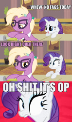 Size: 640x1080 | Tagged: safe, edit, edited screencap, screencap, grace manewitz, rarity, earth pony, pony, unicorn, dialogue, eyeshadow, female, glasses, image macro, makeup, mare, meme, oh shit it's op, op is a faggot, open mouth, pencil, reaction image, vulgar