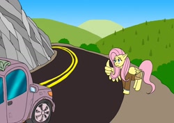 Size: 1280x904 | Tagged: safe, artist:wolfman-al, fluttershy, pegasus, pony, applejack truck, clothes, hitchhiking, jacket, parody, solo, the incredible hulk