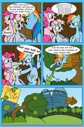 Size: 1200x1797 | Tagged: safe, artist:corina93, derpy hooves, pinkie pie, rainbow dash, pegasus, pony, annoyed, club spongebob, comic, female, mare, parody, reference, spongebob squarepants, this will not end well, treehouse