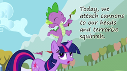 Size: 800x450 | Tagged: safe, derpibooru import, edit, edited screencap, screencap, spike, twilight sparkle, dragon, squirrel, fall weather friends, cannon, duo, eyes closed, frown, grin, headcannon, insane pony thread, open mouth, smiling, stick, tumblr, wide eyes