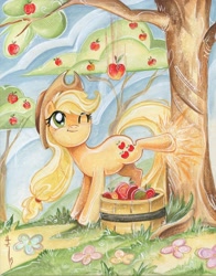 Size: 1280x1636 | Tagged: safe, artist:sararichard, applejack, earth pony, pony, apple, apple/apples falling, applebucking, solo, tree