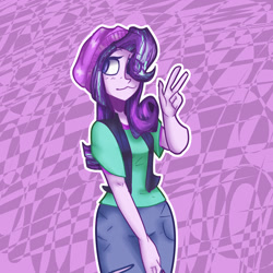 Size: 1024x1024 | Tagged: dead source, safe, artist:awe-thunderon, starlight glimmer, equestria girls, mirror magic, spoiler:eqg specials, beanie, cute, eye clipping through hair, female, glimmerbetes, hat, peace sign, solo