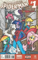 Size: 718x1113 | Tagged: safe, artist:ponygoddess, derpibooru import, applejack, fluttershy, pinkie pie, rainbow dash, rarity, twilight sparkle, equestria girls, comic cover, cosplay, cover, crossover, humanized, iron spider, mane six, marvel, scarlet spider, spider-man, spider-man 2099, spider-man noir, spidertwi, ultimate spider-man