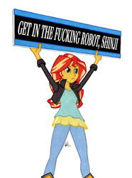 Size: 950x1278 | Tagged: safe, artist:manly man, edit, sunset shimmer, equestria girls, exploitable meme, female, get in the robot, meme, neon genesis evangelion, shinji ikari, sign, solo, sunset's board, vulgar