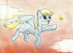 Size: 958x698 | Tagged: safe, artist:islamilenaria, derpy hooves, butterfly, pegasus, pony, female, flying, mare, sky, solo, traditional art