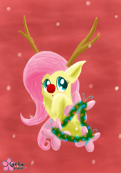 Size: 1907x2718 | Tagged: safe, artist:clouddg, fluttershy, pegasus, pony, :o, antlers, blushing, christmas, cute, fluffy, solo, tinsel
