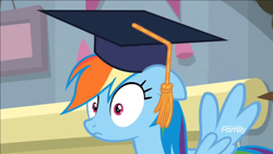 Size: 1920x1080 | Tagged: safe, derpibooru import, screencap, rainbow dash, pegasus, pony, school daze, cute, dashabetes, discovery family logo, egghead, egghead dash, graduation cap, hat, professor egghead, solo, surprised