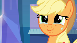 Size: 853x480 | Tagged: safe, screencap, applejack, equestria girls, crying, solo