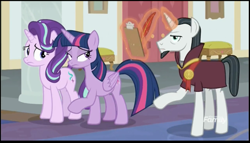 Size: 1468x838 | Tagged: safe, screencap, chancellor neighsay, starlight glimmer, twilight sparkle, twilight sparkle (alicorn), alicorn, pony, unicorn, school daze, discovery family logo, quill, trio