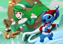 Size: 2200x1555 | Tagged: safe, artist:light262, oc, oc:vanna melon, human, christmas, christmas clothing, clothes, commission, community related, cruise ship, disney, disney cruise, eevee, female, food, happy birthday, holiday, humanized, lilo and stitch, minnie mouse, mouse ears, pokémon, signature, solo, stitch, vannamelon, watermelon, youtube