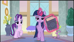 Size: 2560x1440 | Tagged: safe, screencap, spike, starlight glimmer, twilight sparkle, twilight sparkle (alicorn), alicorn, dragon, pony, unicorn, school daze, book, female, glowing horn, magic, male, telekinesis